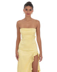 Lucy in the Sky Satin Jacquard Back Bow Corset Maxi Dress in Yellow