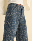 Floral Stitch Pattern Denim Pants