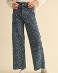 Floral Stitch Pattern Denim Pants