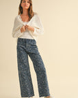 Floral Stitch Pattern Denim Pants