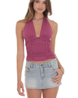 Lucy in the Sky Ruched Halter Top in Magenta