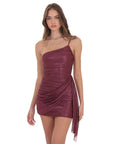 Lucy in the Sky Foil Mesh One Shoulder Tassel Dress in Burgundy