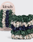 Ruched Satin Scrunchies 5pc Set - Cream, Court Green & Navy Blue