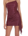 Lucy in the Sky Foil Mesh One Shoulder Tassel Dress in Burgundy