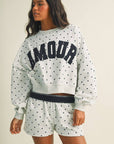 Amour Polka Dot Print Crewneck Crop Sweatshirt