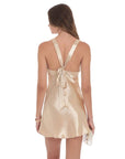 Lucy in the Sky Satin V-Neck Open back Dress in Gold