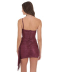 Lucy in the Sky Foil Mesh One Shoulder Tassel Dress in Burgundy