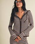 Striped Relaxed Zip Up Knit Sweater Hoodie