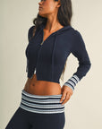 Slim Fit Zip Up Knit Sweater Hoodie with Striped Cuffs