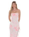 Tie Dye Mesh Ruffle Slit Maxi Dress in White