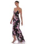 Lucy in The Sky Mesh Floral Ruffle Fishtail Maxi Dress in Black