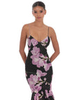 Lucy in The Sky Mesh Floral Ruffle Fishtail Maxi Dress in Black