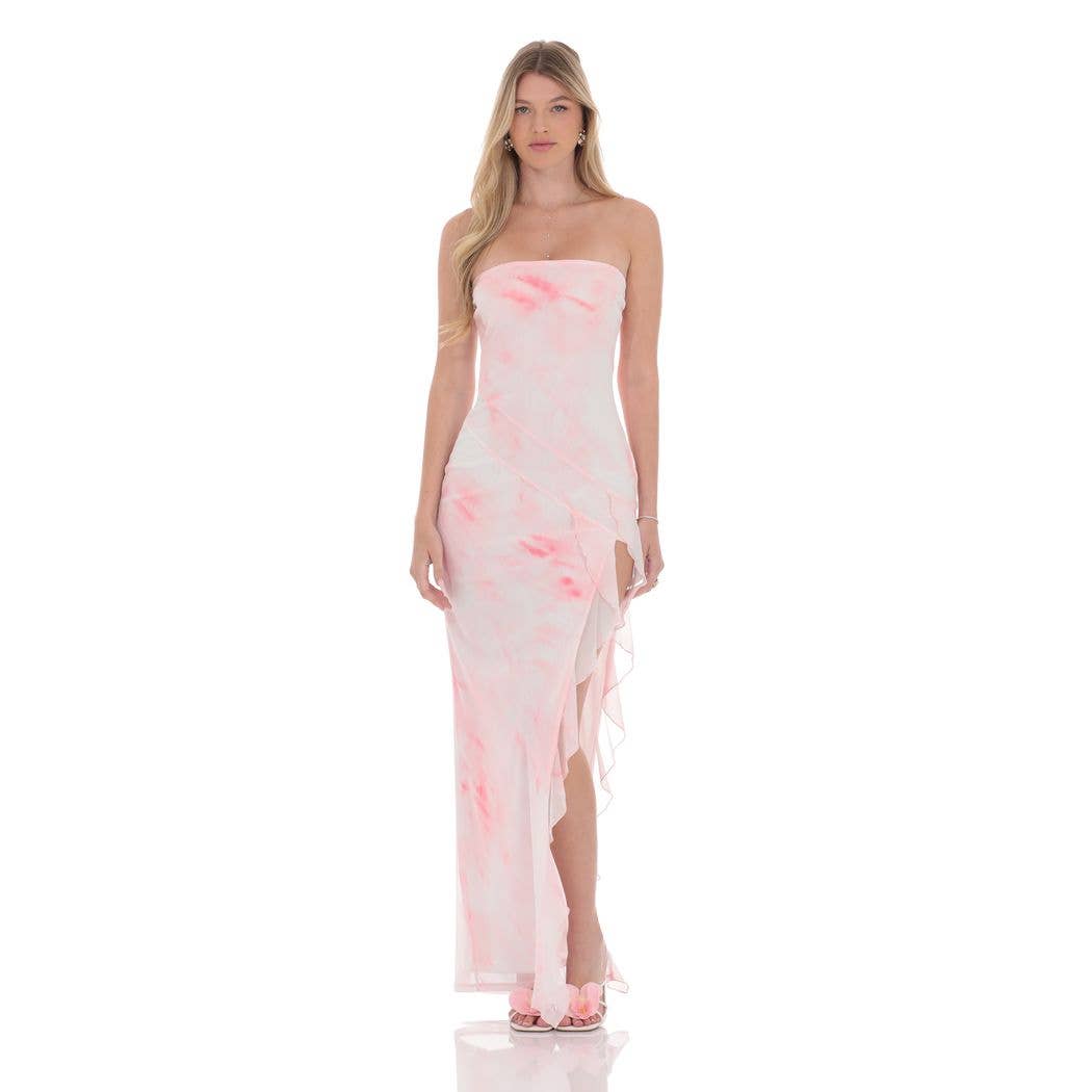 Lucy in The Sky Tie Dye Mesh Ruffle Slit Maxi Dress in White – SANITY