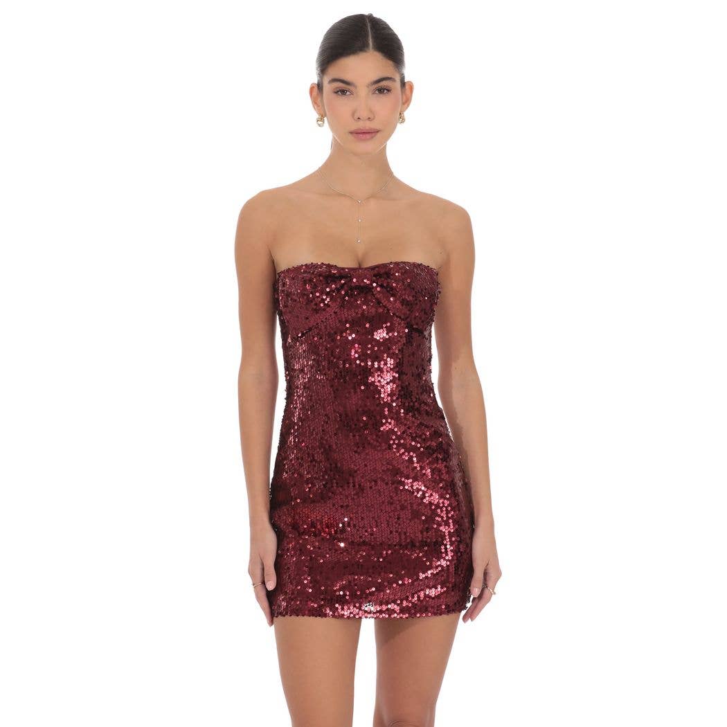Lucy in the Sky Strapless Sequin Bow Dress in Burgundy – SANITY