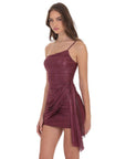 Lucy in the Sky Foil Mesh One Shoulder Tassel Dress in Burgundy