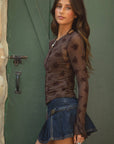 Linette Floral Flocked Mesh Long Sleeve Top Button Blouse