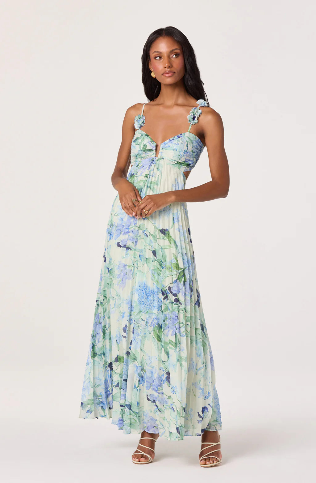emese floral pleated maxi dress ASTR the Label | Emese Floral Cutout Maxi Dress in Pink Purple Floral