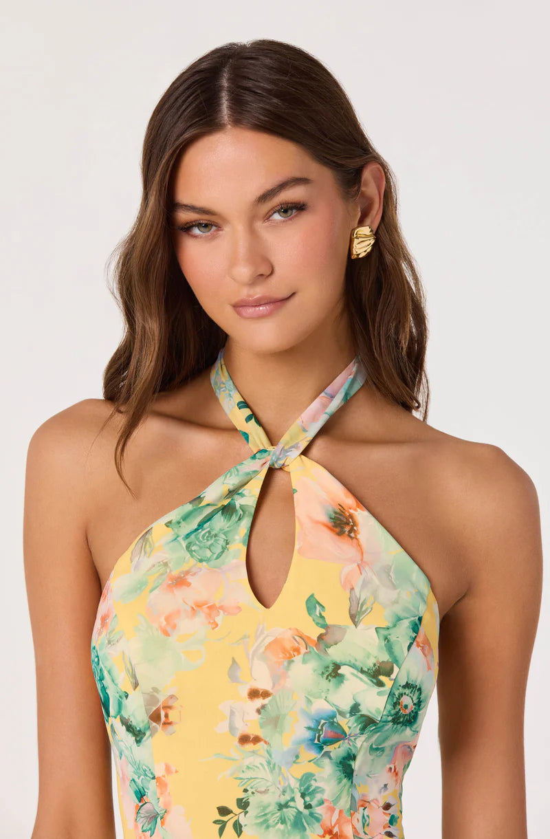 floral halter top dress ASTR the Label | Bethina Floral Halter High-Low Dress in Yellow Green Floral