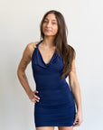 Lucy in the Sky Embellished Cowl Neck Dress in Navy