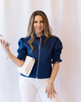 Madison Ruffled Puff Sleeve Jacket- Navy