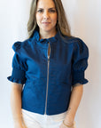 Madison Ruffled Puff Sleeve Jacket- Navy
