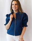 Madison Ruffled Puff Sleeve Jacket- Navy