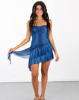 Lucy in the Sky Foil Mesh Tassel Dress in Blue
