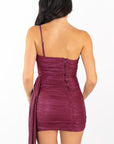 Lucy in the Sky Foil Mesh One Shoulder Tassel Dress in Burgundy
