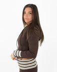 Slim Fit Zip Up Knit Sweater Hoodie with Striped Cuffs