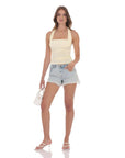 Lucy in the Sky Low Rise Slit Denim Shorts in Light Blue