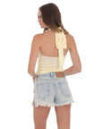 Lucy in the Sky Low Rise Slit Denim Shorts in Light Blue