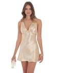 Lucy in the Sky Satin V-Neck Open back Dress in Gold