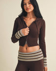 Slim Fit Zip Up Knit Sweater Hoodie with Striped Cuffs