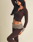 Slim Fit Zip Up Knit Sweater Hoodie with Striped Cuffs