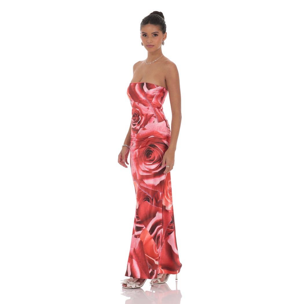 lucy in the sky red maxi dress Lucy in the Sky Rose Strapless Maxi Dress in Red