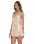 Lucy in the Sky Satin V-Neck Open back Dress in Gold