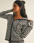 Striped Relaxed Zip Up Knit Sweater Hoodie