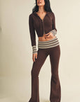Slim Fit Zip Up Knit Sweater Hoodie with Striped Cuffs