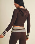 Slim Fit Zip Up Knit Sweater Hoodie with Striped Cuffs