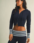 Slim Fit Zip Up Knit Sweater Hoodie with Striped Cuffs
