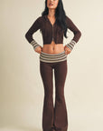 Slim Fit Zip Up Knit Sweater Hoodie with Striped Cuffs