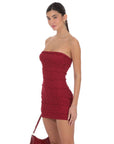 Lucy in the Sky Strapless Ruffle Lace Dress in Red