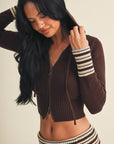 Slim Fit Zip Up Knit Sweater Hoodie with Striped Cuffs