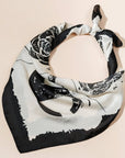 Black & White Silk-Feel Scarf – Abstract Floral & Horseshoe Print in Soft Polyester
