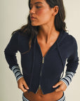 Slim Fit Zip Up Knit Sweater Hoodie with Striped Cuffs