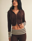 Slim Fit Zip Up Knit Sweater Hoodie with Striped Cuffs