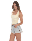 Lucy in the Sky Low Rise Slit Denim Shorts in Light Blue