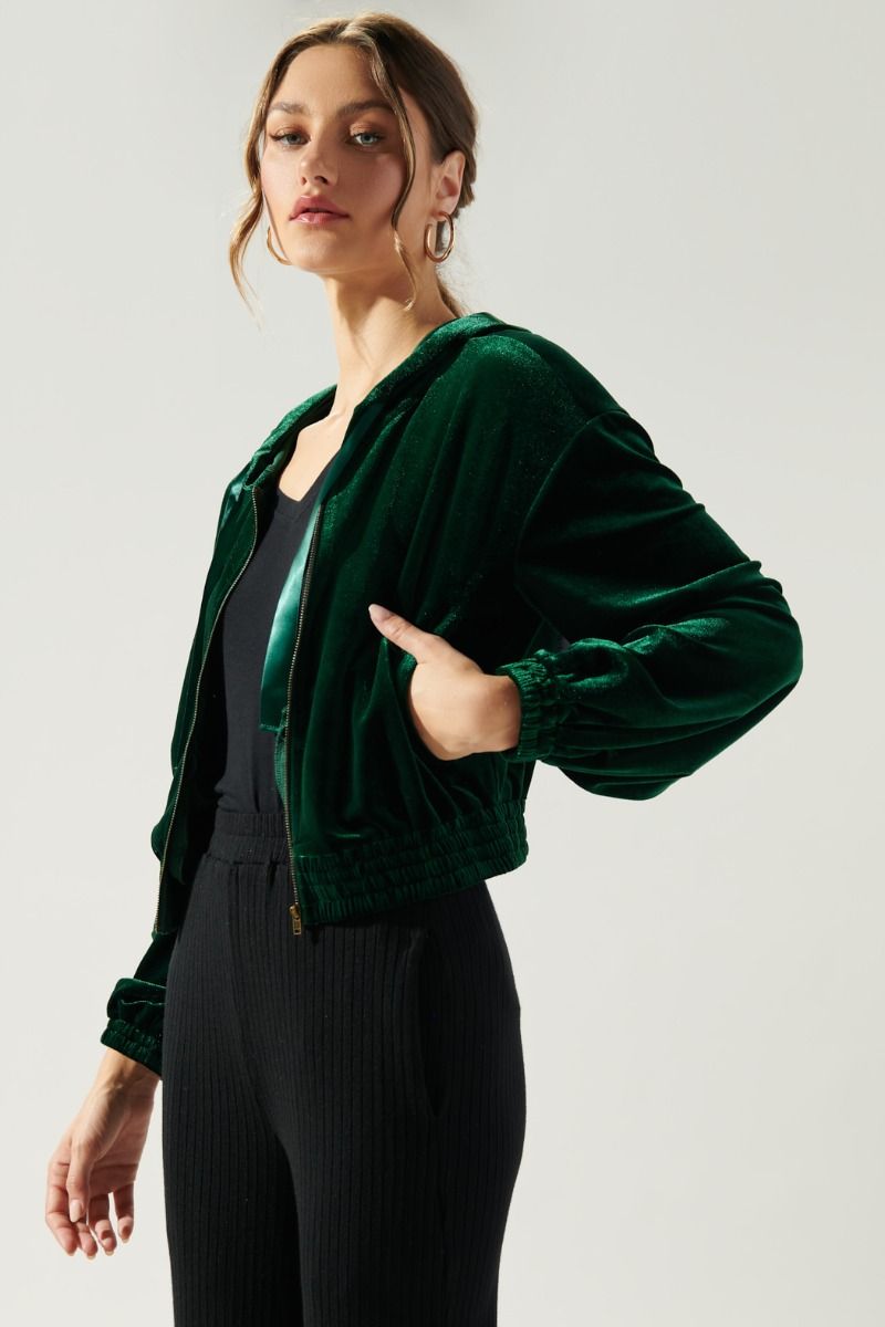Everson Velvet Cropped Zip Up Hoodie