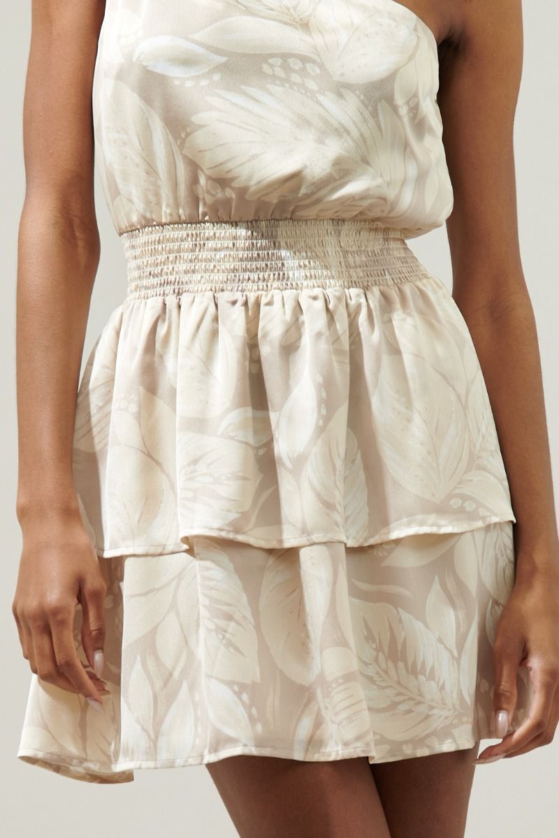 strapless open back dress Gardenia Floral Satin Show Off One Shoulder Mini Dress Champagne-Taupe / S by Sugarlips