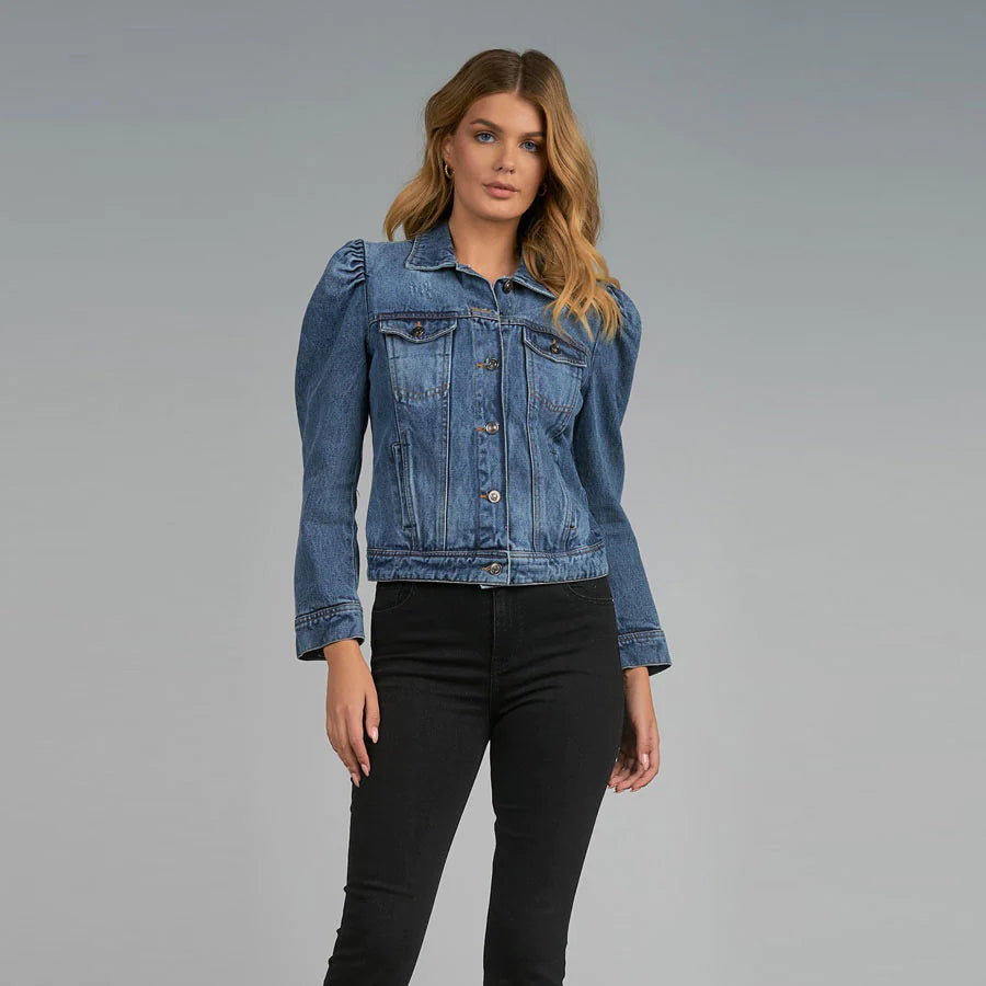 Puff sleeve blue jean jacket hot sale